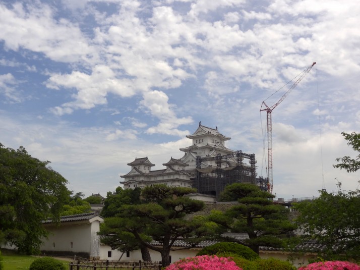 Himeji Castle in June 2014, just a little scaffolding obscuring our view. Although it was possible to visit the grounds and fortifications, the castle's main keep was off-limits