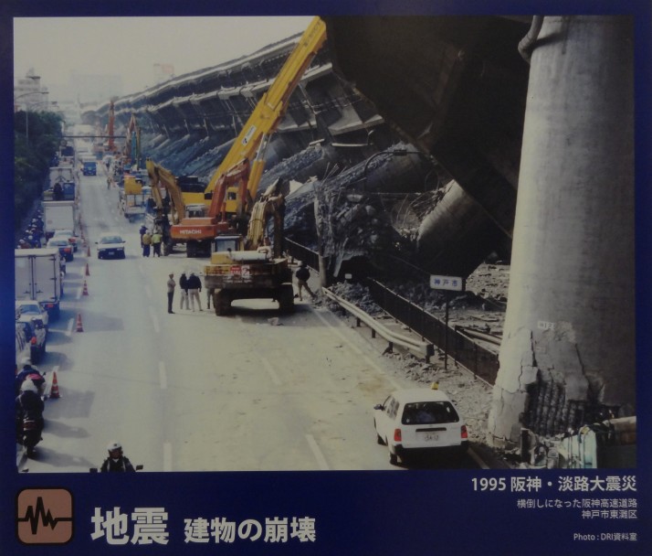 Collapsed sections of the Hanshin Expressway caused by the Kobe Earthquake. Source: My photo of a photo on display in the museum