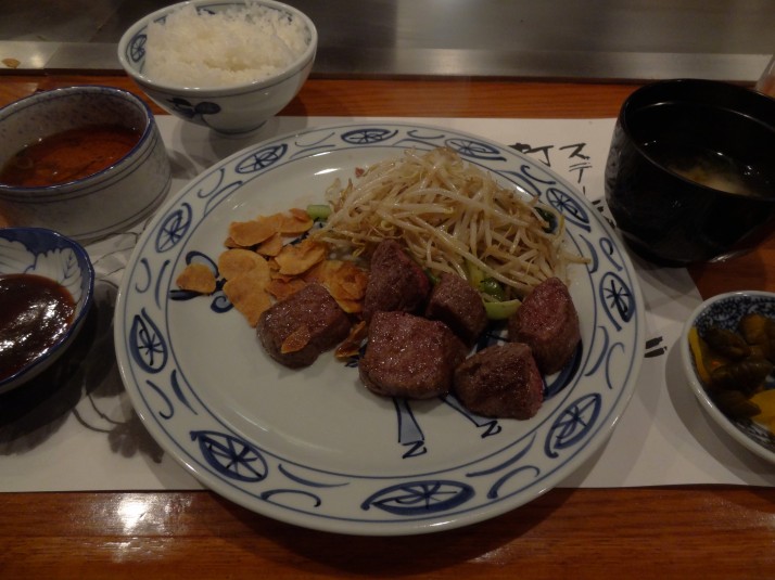 Kobe beef, in Kobe, cooked in the teppanyaki Kobe style