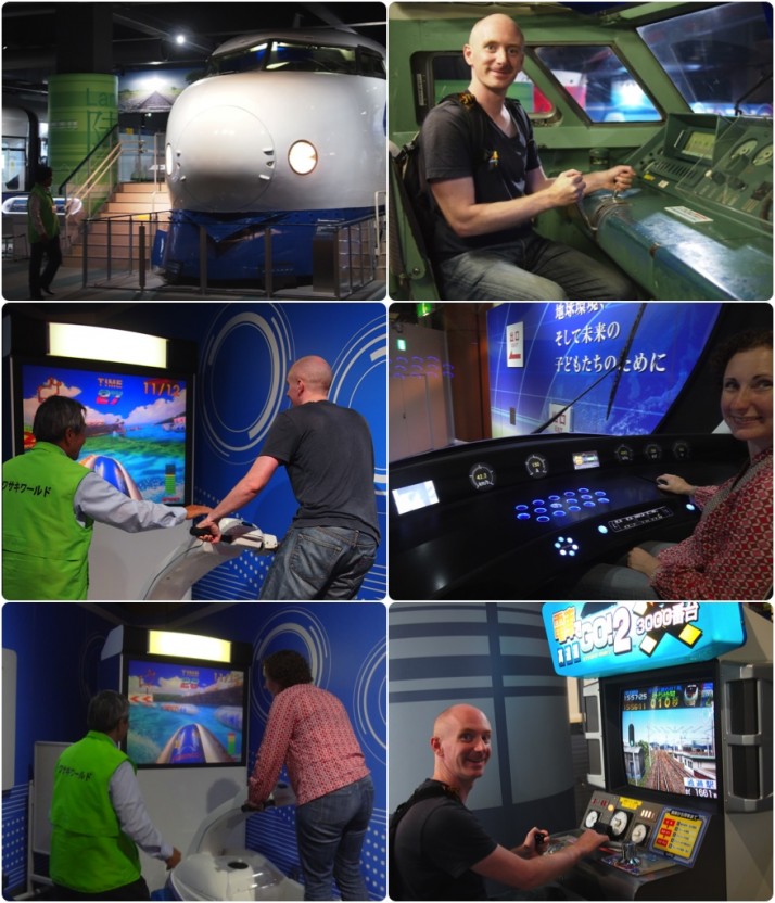 Good Times. Clockwise from top left: First generation Shinkansen; Me at the controls; Julie taking charge of a much more modern tram; Me on the Shinkansen arcade game / simulator (which I was rubbish at! - Sorry Uncle Ken!); Julie on the Jet Ski arcade; Me on the Jet Ski arcade