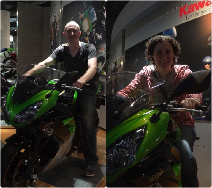 Julie and I take turns sitting on the Kawasaki Ninja 400 Special Edition