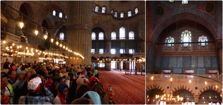 Inside the Blue Mosque: the barriers separate the tourists from the worshippers as this is very much a working mosque