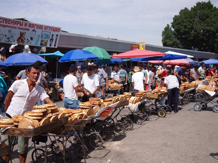 Pram trollies of bread at Chorsu Bazaar