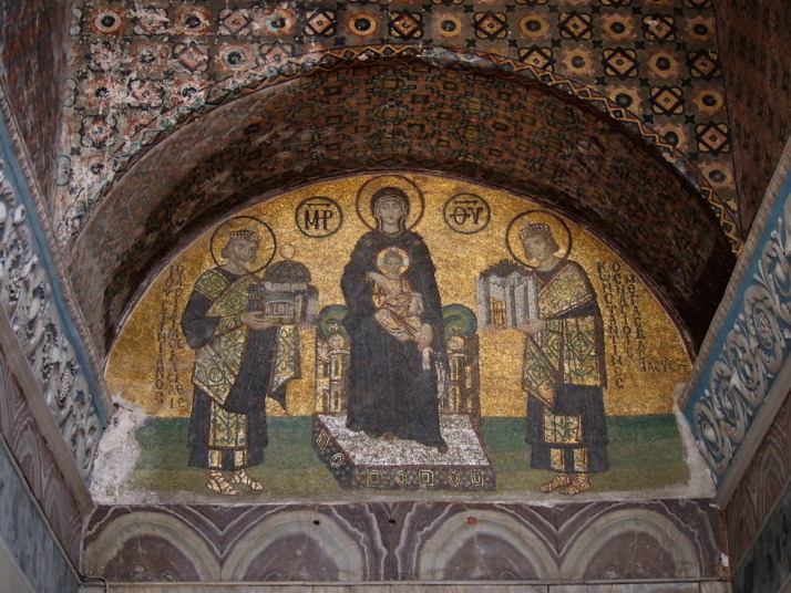 Mosaic of the Mother of God holding the Christ Child and flanked by Constantine the Great on the left offering a model of Constantinople, and Justinian on the right offering a model Haghia Sophia