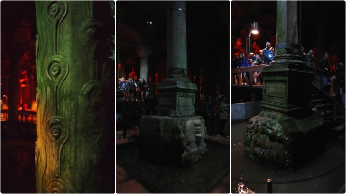 Column details in the Basilica Cistern, from left to right: Supporting column originally from the triumphal arch in the Forum of Theodosius I; The Medusa head Gorgon base which is inverted because it is said to negate the power of the gaze; The second Medusa base, this one rotated which also counts as a negating strategy