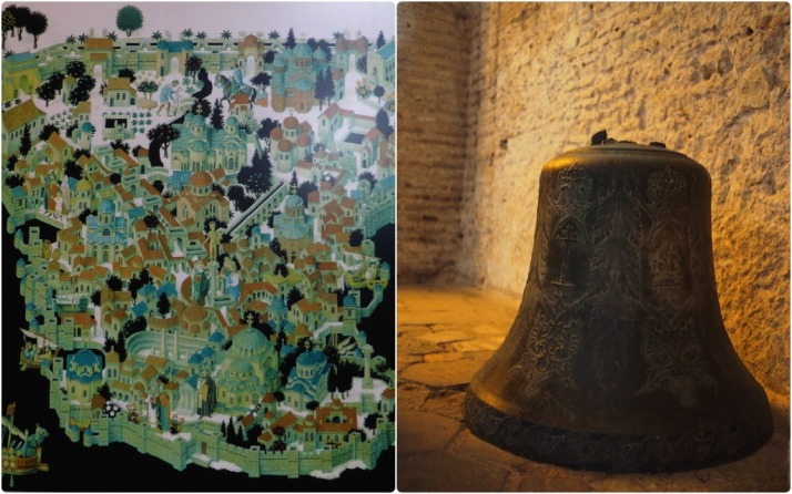 Our favourite of the displays in the exonarthex, an illustration of Constantinopolis that shows Haghia Sophia as a Christian church, the Hippodrome and the aquaduct surrounded by the Theodosian walls; and the bronze bell with Greek inscriptions and Christian crosses