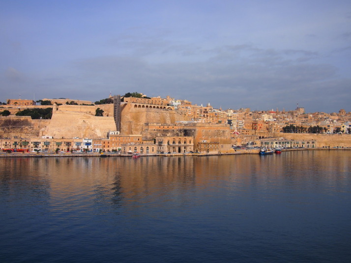 View of Fort Lascaris and the Lascaris Battery from the other side of the harbour. The Battery is the row of arches right in the middle, and the Lascaris War Rooms are underneath the giant wall just in front, with Fort Lascaris sitting on the waterfront - the high walls with two rows of small defensive windows