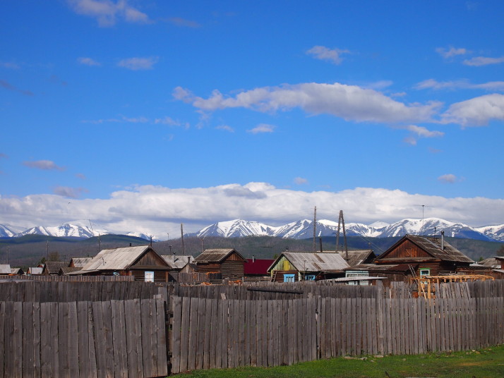 Snowy mountains above Baikalskoe