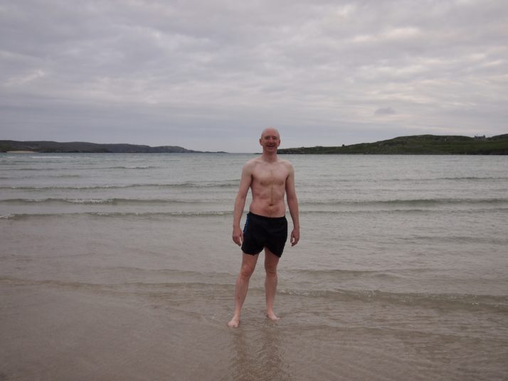 Andrew on Uig Sands after a swim in the sea